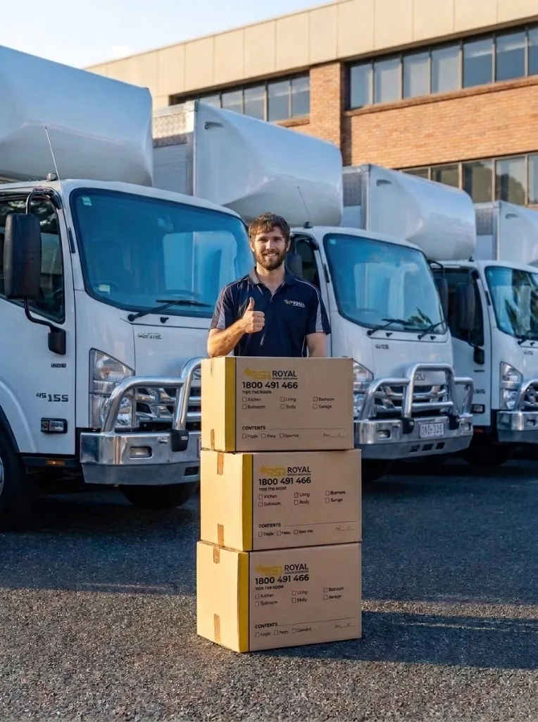Removalist giving a thumbs up beside packed moving boxes